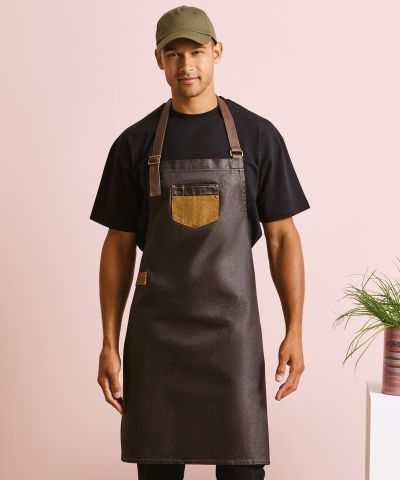 Premier Division waxed-look denim bib apron with faux leather