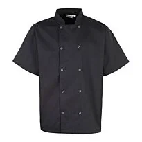 Studded front short sleeve chef's jacket